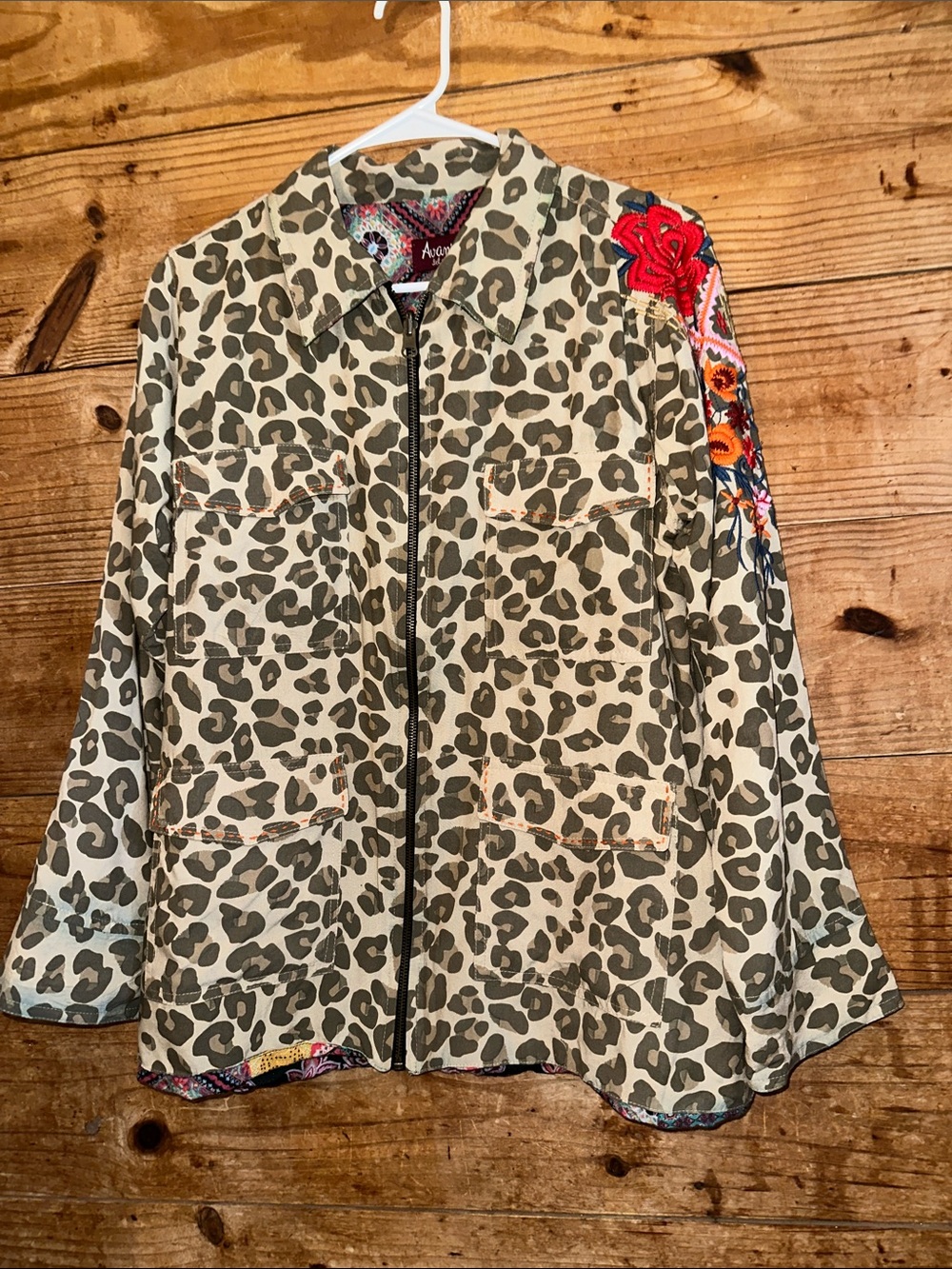 Avani del Amour Leopard Print Utility Jacket with Embroidery